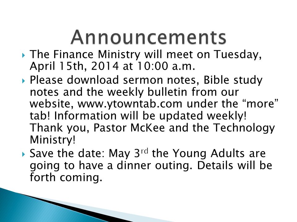 The Finance Ministry will meet on Tuesday, April 15th, 2014 at 10:00 a.m.