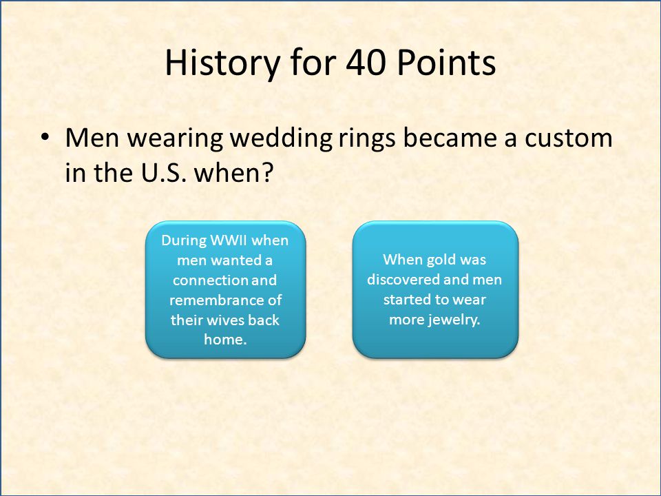 History for 40 Points Men wearing wedding rings became a custom in the U.S.