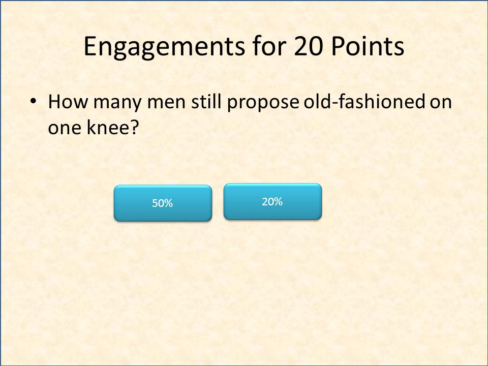 Engagements for 20 Points How many men still propose old-fashioned on one knee 20% 50%