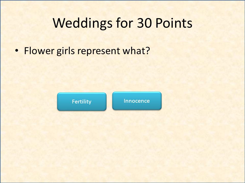 Weddings for 30 Points Flower girls represent what Innocence Fertility