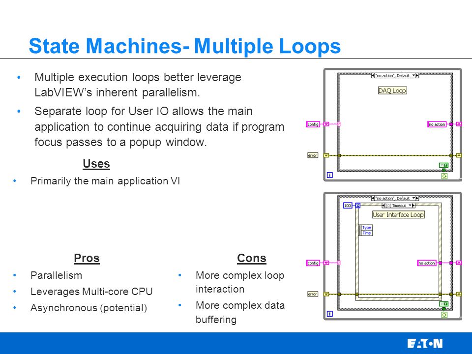 State Machines- Multiple Loops Multiple execution loops better leverage LabVIEWs inherent parallelism.