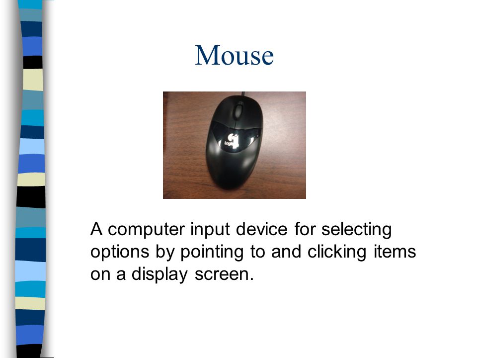 Mouse A computer input device for selecting options by pointing to and clicking items on a display screen.