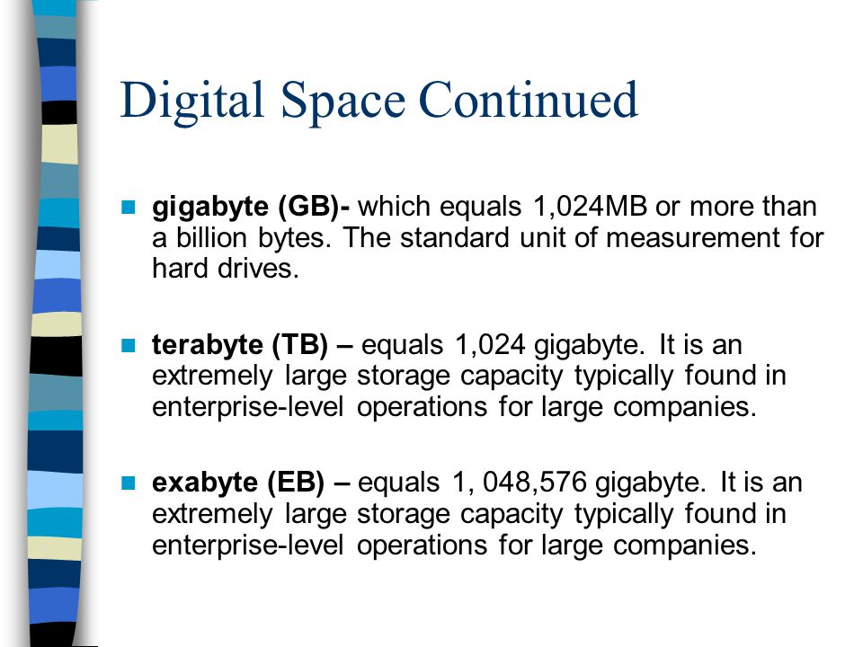 Digital Space Continued gigabyte (GB)- which equals 1,024MB or more than a billion bytes.