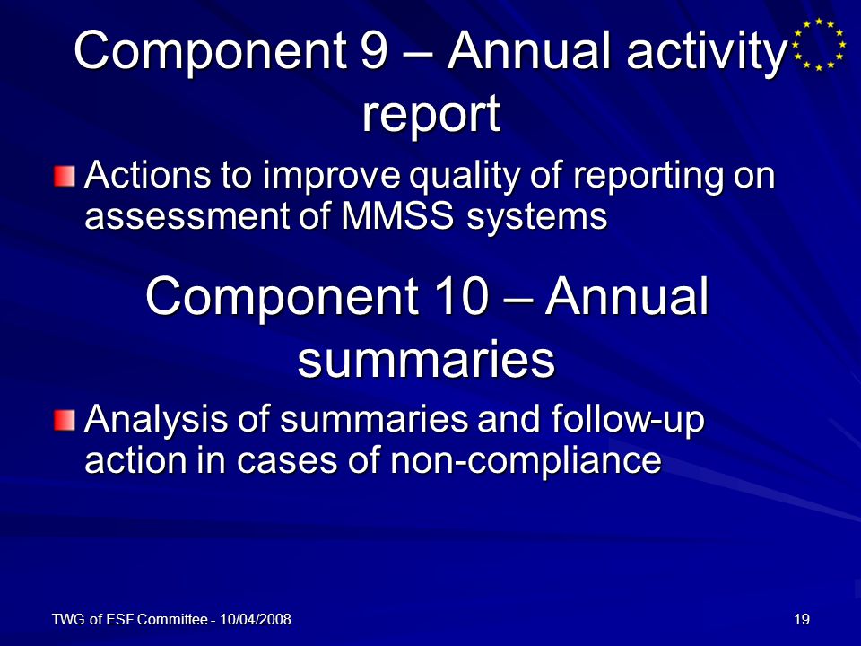 TWG of ESF Committee - 10/04/ Component 9 – Annual activity report Actions to improve quality of reporting on assessment of MMSS systems Analysis of summaries and follow-up action in cases of non-compliance Component 10 – Annual summaries