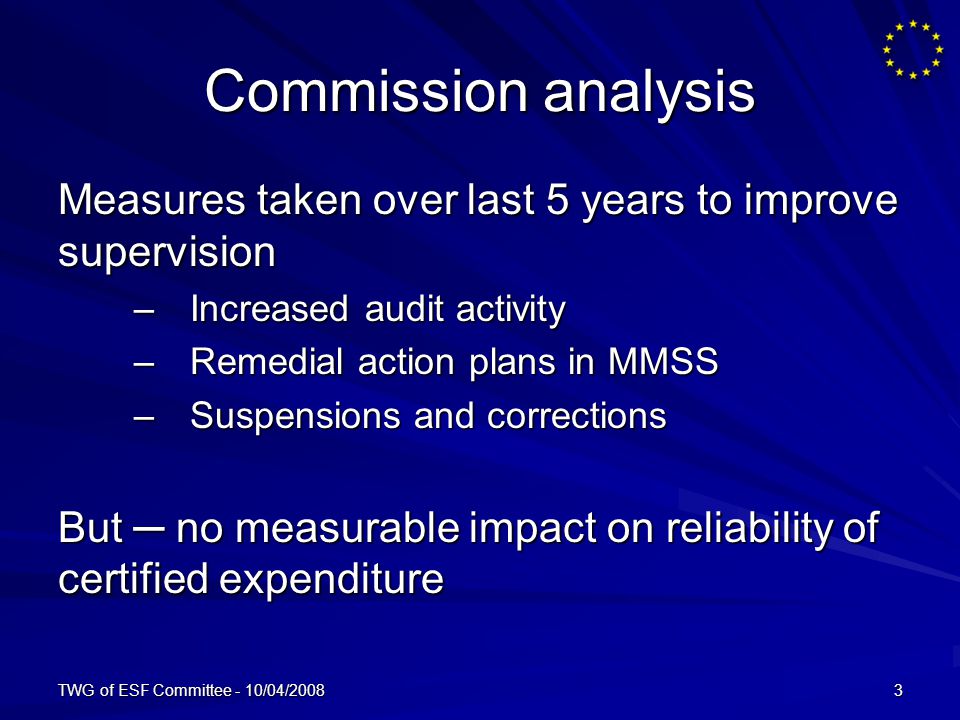 TWG of ESF Committee - 10/04/20083 Commission analysis Measures taken over last 5 years to improve supervision –Increased audit activity –Remedial action plans in MMSS –Suspensions and corrections But no measurable impact on reliability of certified expenditure