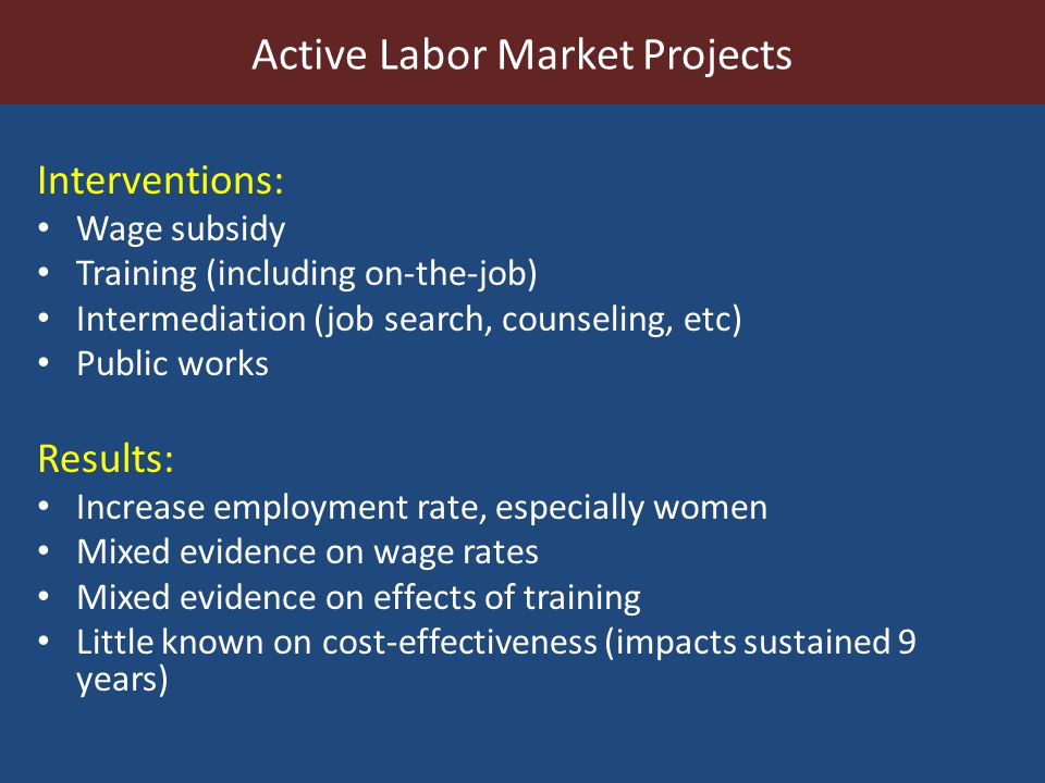 Interventions: Wage subsidy Training (including on-the-job) Intermediation (job search, counseling, etc) Public works Results: Increase employment rate, especially women Mixed evidence on wage rates Mixed evidence on effects of training Little known on cost-effectiveness (impacts sustained 9 years) Active Labor Market Projects
