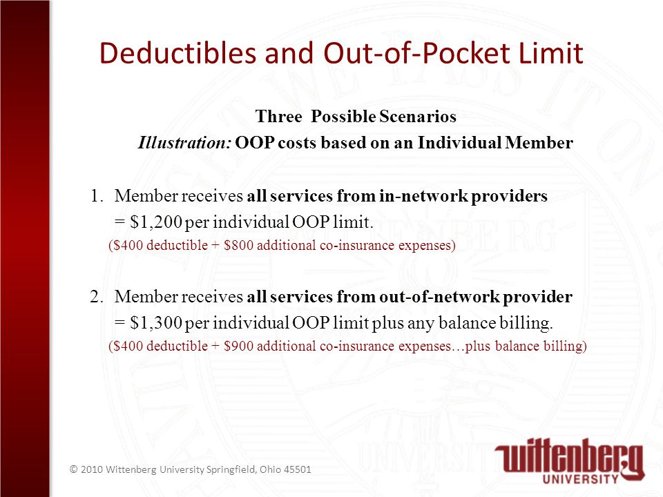 © 2010 Wittenberg University Springfield, Ohio Deductibles and Out-of-Pocket Limit Three Possible Scenarios Illustration: OOP costs based on an Individual Member 1.Member receives all services from in-network providers = $1,200 per individual OOP limit.