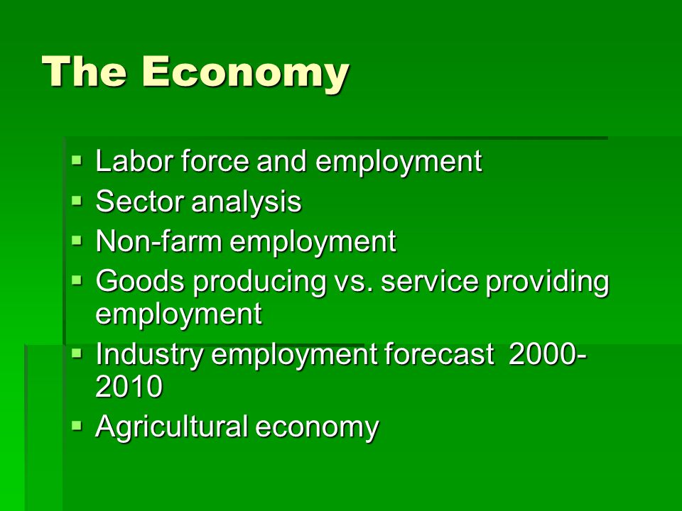 The Economy Labor force and employment Labor force and employment Sector analysis Sector analysis Non-farm employment Non-farm employment Goods producing vs.