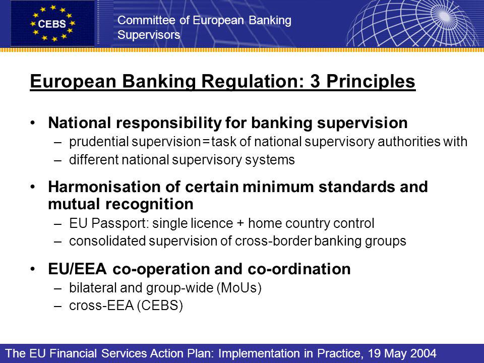 European Banking Regulation: 3 Principles National responsibility for banking supervision –prudential supervision = task of national supervisory authorities with –different national supervisory systems Harmonisation of certain minimum standards and mutual recognition –EU Passport: single licence + home country control –consolidated supervision of cross-border banking groups EU/EEA co-operation and co-ordination –bilateral and group-wide (MoUs) –cross-EEA (CEBS) Committee of European Banking Supervisors The EU Financial Services Action Plan: Implementation in Practice, 19 May 2004