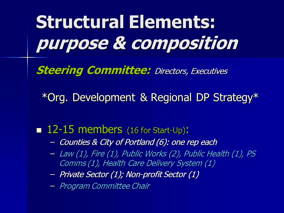 Structural Elements: purpose & composition Steering Committee: Directors, Executives *Org.