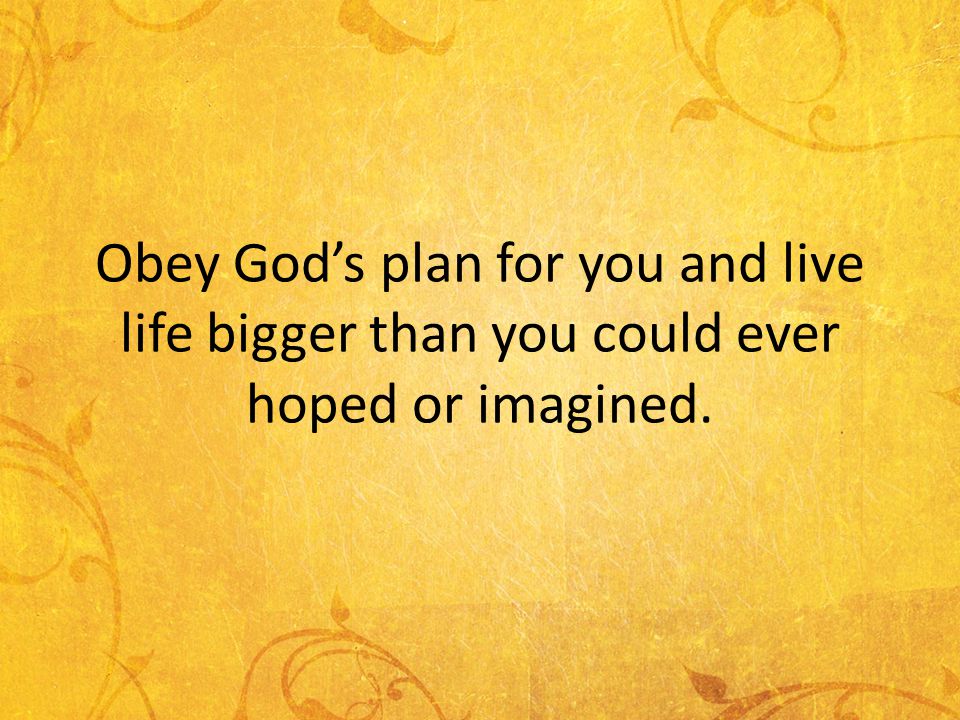Obey Gods plan for you and live life bigger than you could ever hoped or imagined.