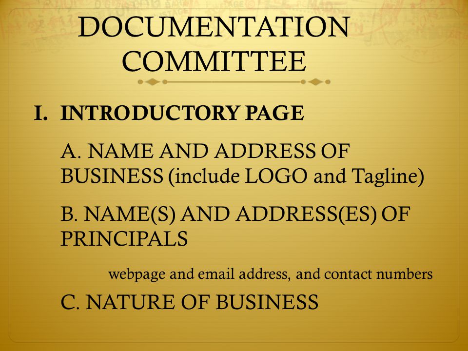 DOCUMENTATION COMMITTEE I.INTRODUCTORY PAGE A.