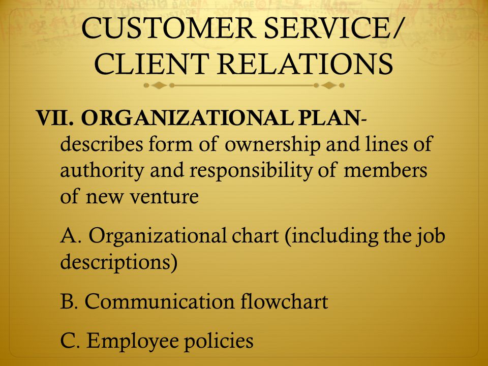 CUSTOMER SERVICE/ CLIENT RELATIONS VII.