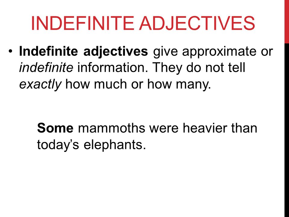 INDEFINITE ADJECTIVES Indefinite adjectives give approximate or indefinite information.