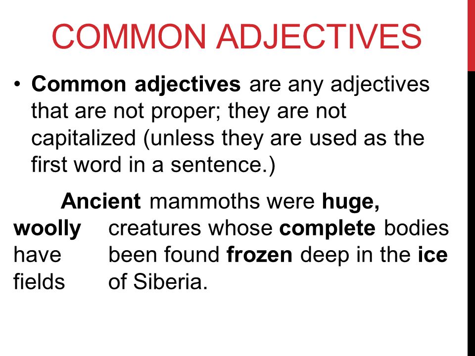 COMMON ADJECTIVES Common adjectives are any adjectives that are not proper; they are not capitalized (unless they are used as the first word in a sentence.) Ancient mammoths were huge, woolly creatures whose complete bodies have been found frozen deep in the ice fields of Siberia.