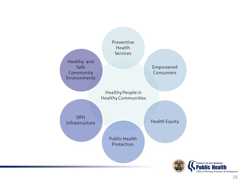 16 Healthy People in Healthy Communities Preventive Health Services Empowered Consumers Health Equity Public Health Protection DPH Infrastructure Healthy and Safe Community Environments