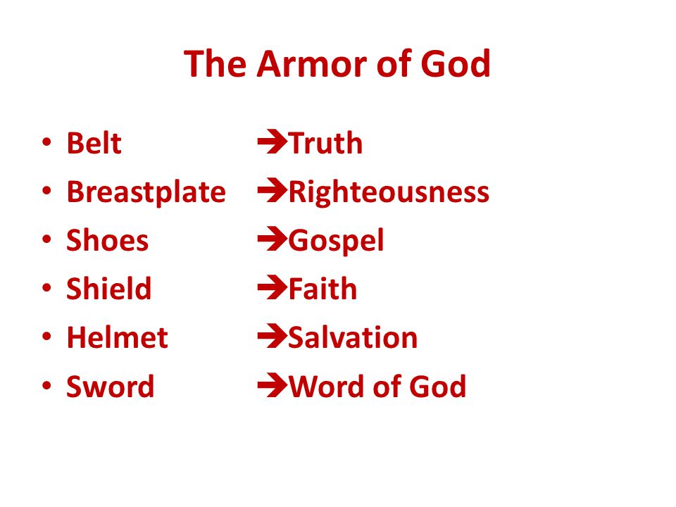The Armor of God Belt Breastplate Shoes Shield Helmet Sword Truth Righteousness Gospel Faith Salvation Word of God