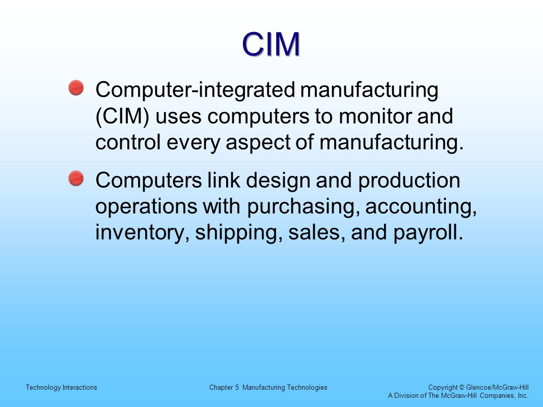 Technology InteractionsChapter 5 Manufacturing Technologies Copyright © Glencoe/McGraw-Hill A Division of The McGraw-Hill Companies, Inc.