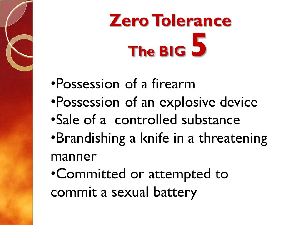 Zero Tolerance Possession of a firearm Possession of an explosive device Sale of a controlled substance Brandishing a knife in a threatening manner Committed or attempted to commit a sexual battery The BIG 5