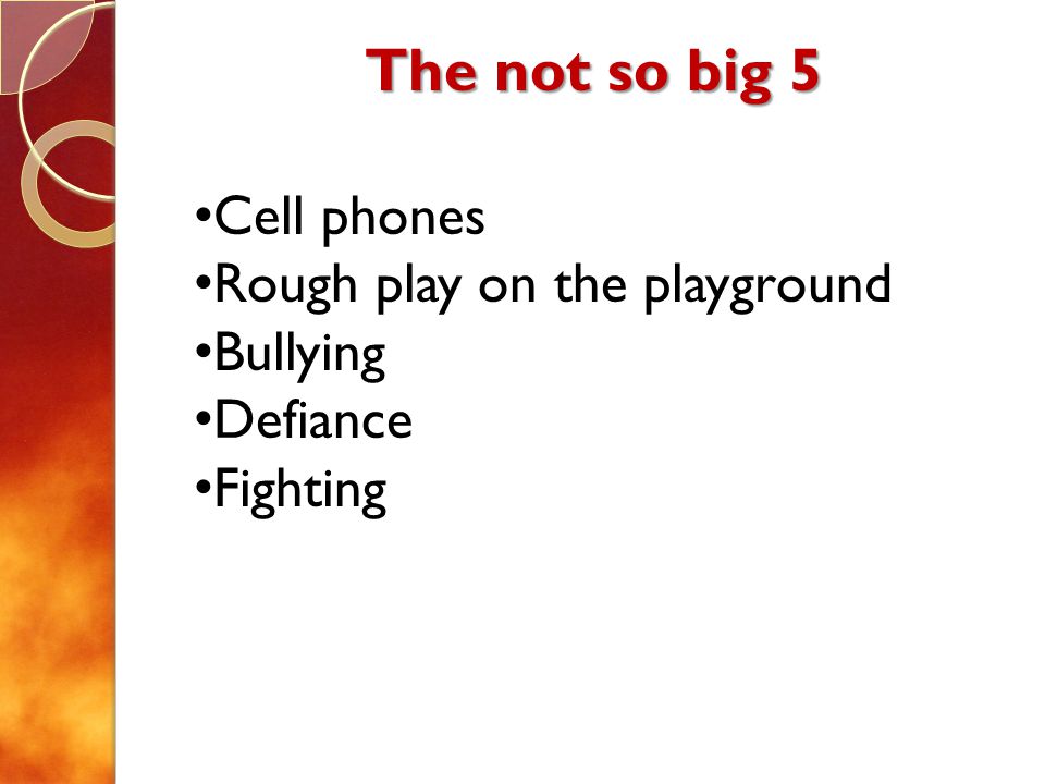 The not so big 5 Cell phones Rough play on the playground Bullying Defiance Fighting