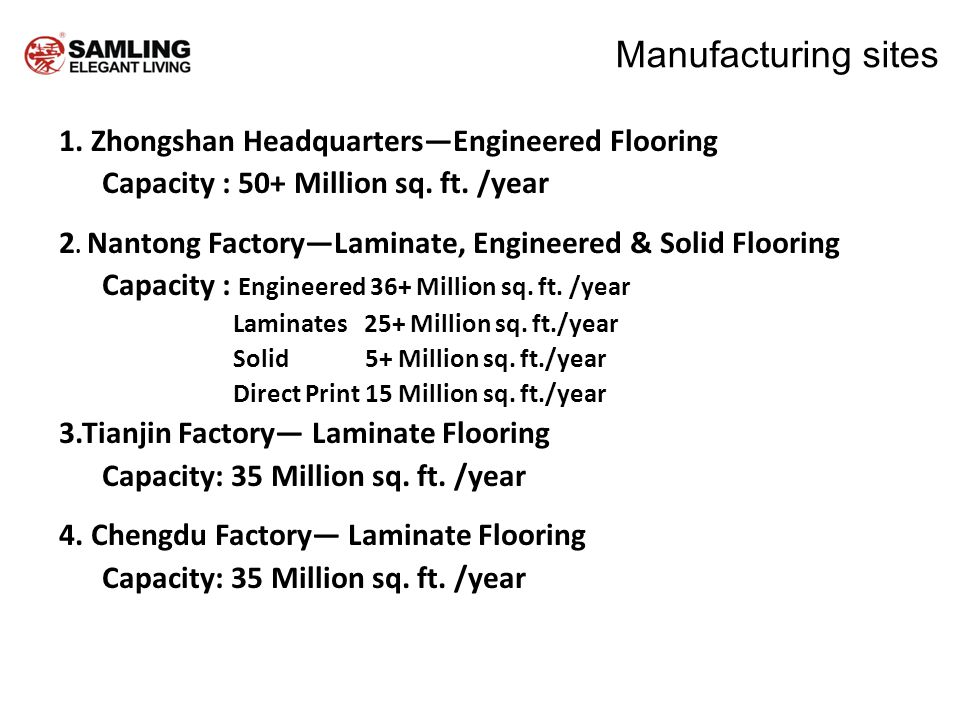 1. Zhongshan HeadquartersEngineered Flooring Capacity : 50+ Million sq.