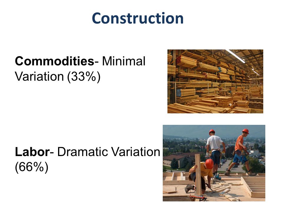 Construction Commodities- Minimal Variation (33%) Labor- Dramatic Variation (66%)