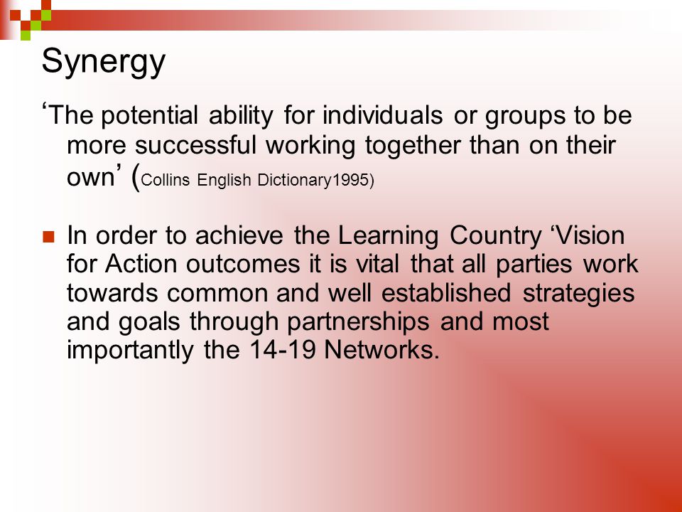 Synergy The potential ability for individuals or groups to be more successful working together than on their own ( Collins English Dictionary1995) In order to achieve the Learning Country Vision for Action outcomes it is vital that all parties work towards common and well established strategies and goals through partnerships and most importantly the Networks.