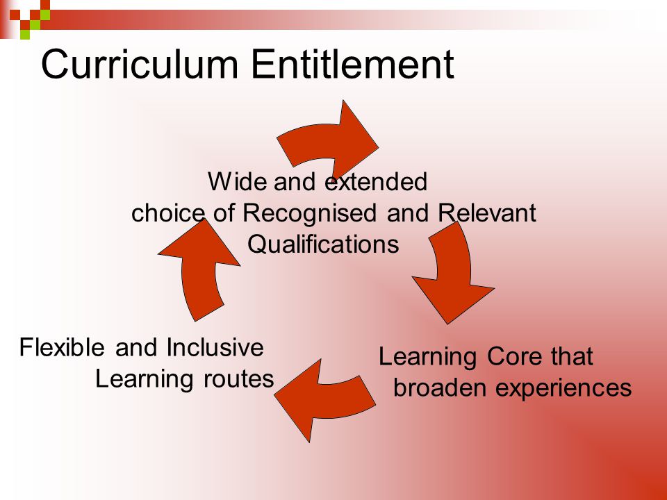 Curriculum Entitlement Learning Core that broaden experiences Flexible and Inclusive Learning routes Wide and extended choice of Recognised and Relevant Qualifications