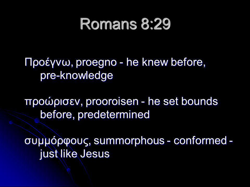 Προέγνω, proegno - he knew before, pre-knowledge προώρισεν, prooroisen - he set bounds before, predetermined συμμόρφους, summorphous - conformed - just like Jesus