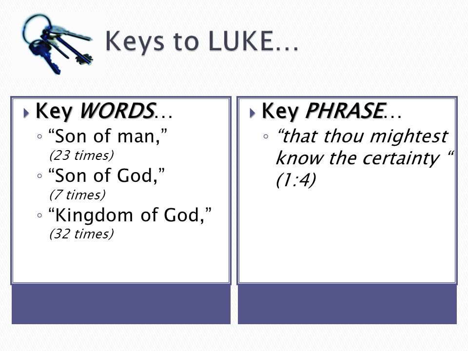 Key WORDS Key WORDS… Son of man, (23 times) Son of God, (7 times) Kingdom of God, (32 times) Key PHRASE Key PHRASE… that thou mightest know the certainty (1:4)