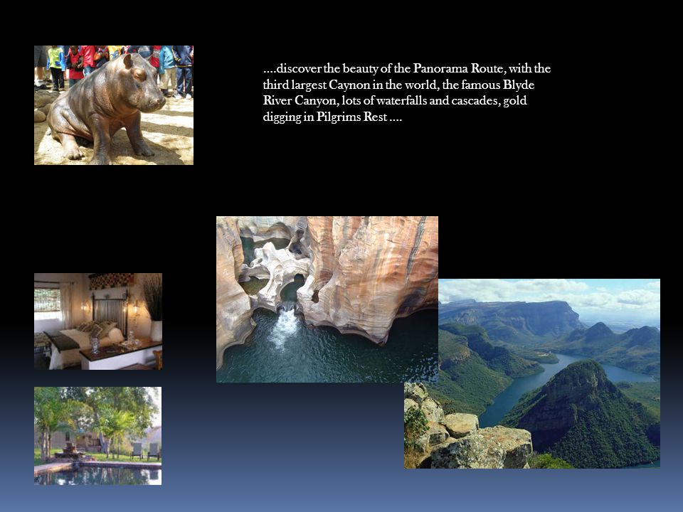 ….discover the beauty of the Panorama Route, with the third largest Caynon in the world, the famous Blyde River Canyon, lots of waterfalls and cascades, gold digging in Pilgrims Rest ….