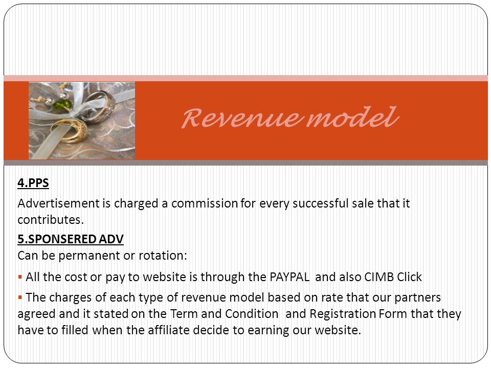Revenue model 4.PPS Advertisement is charged a commission for every successful sale that it contributes.