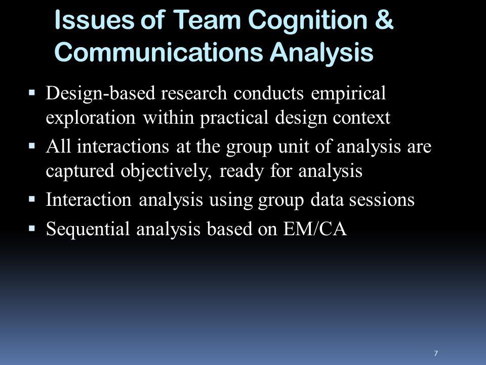 Issues of Team Cognition & Communications Analysis Design-based research conducts empirical exploration within practical design context All interactions at the group unit of analysis are captured objectively, ready for analysis Interaction analysis using group data sessions Sequential analysis based on EM/CA 7