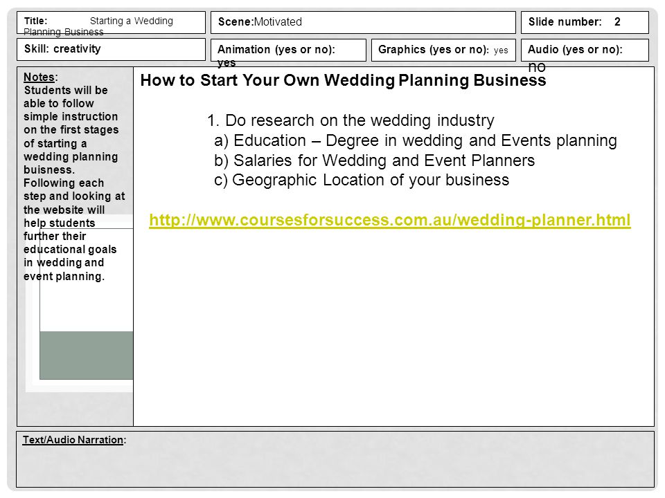 Notes: Students will be able to follow simple instruction on the first stages of starting a wedding planning buisness.