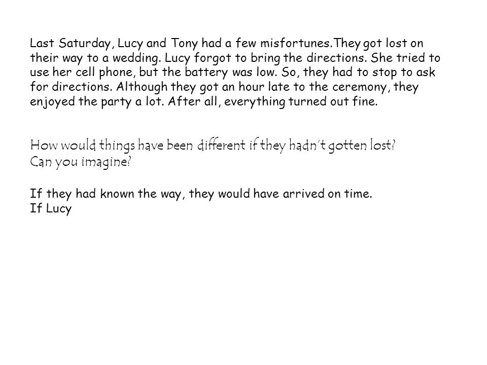 Last Saturday, Lucy and Tony had a few misfortunes.They got lost on their way to a wedding.