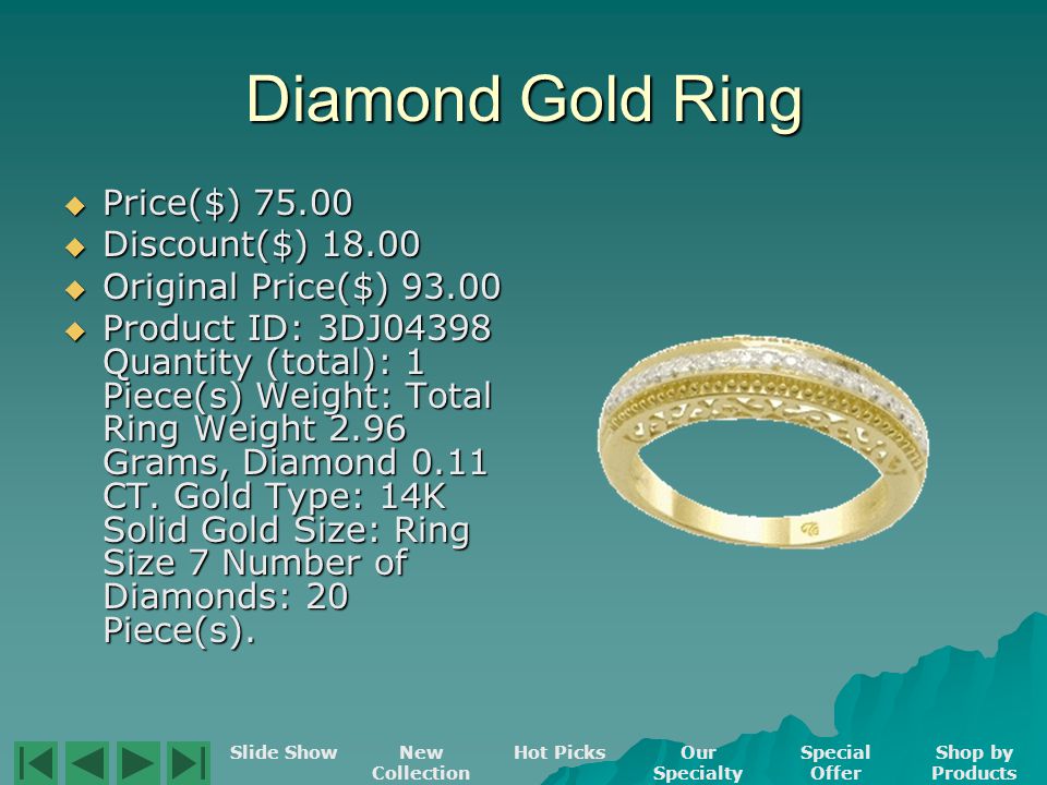 Ring Price($) Price($) Discount($) Discount($) Original Price($) Original Price($) Quantity (total): 1 Piece(s) Weight: Total Ring Weight 3.06 Grams, Diamond 0.13 CT.
