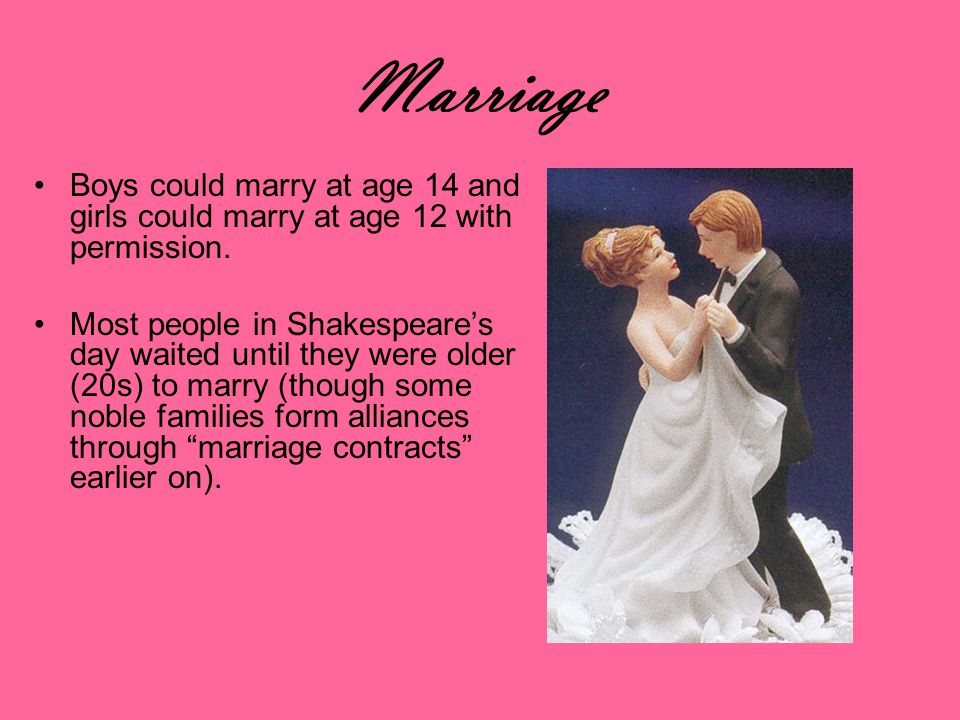 Marriage Boys could marry at age 14 and girls could marry at age 12 with permission.