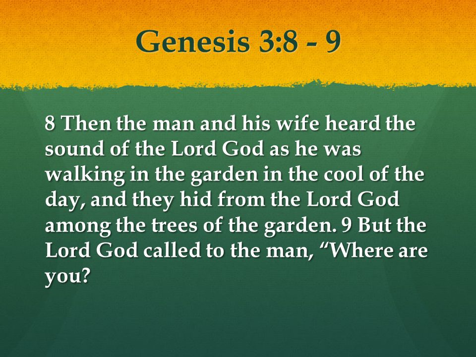 Genesis 3: Then the man and his wife heard the sound of the Lord God as he was walking in the garden in the cool of the day, and they hid from the Lord God among the trees of the garden.