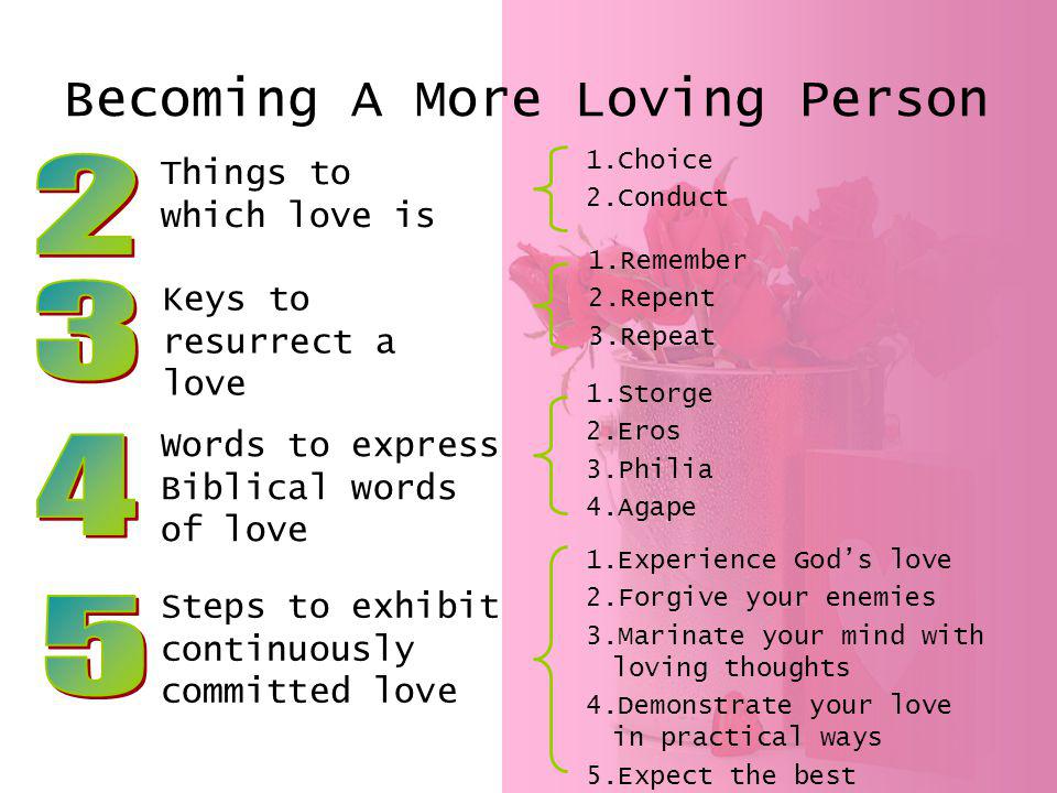 Becoming A More Loving Person Things to which love is Keys to resurrect a love Words to express Biblical words of love Steps to exhibit continuously committed love 1.Choice 2.Conduct 1.Remember 2.Repent 3.Repeat 1.Storge 2.Eros 3.Philia 4.Agape 1.Experience Gods love 2.Forgive your enemies 3.Marinate your mind with loving thoughts 4.Demonstrate your love in practical ways 5.Expect the best