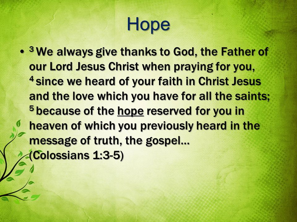 Hope 3 We always give thanks to God, the Father of our Lord Jesus Christ when praying for you, 4 since we heard of your faith in Christ Jesus and the love which you have for all the saints; 5 because of the hope reserved for you in heaven of which you previously heard in the message of truth, the gospel… (Colossians 1:3-5) 3 We always give thanks to God, the Father of our Lord Jesus Christ when praying for you, 4 since we heard of your faith in Christ Jesus and the love which you have for all the saints; 5 because of the hope reserved for you in heaven of which you previously heard in the message of truth, the gospel… (Colossians 1:3-5)