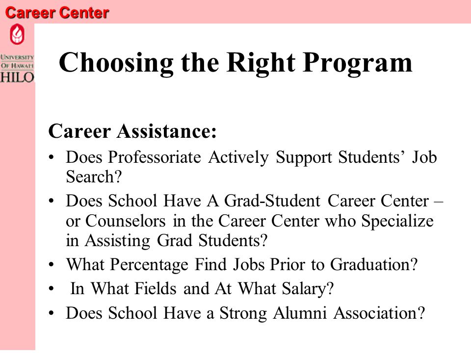 Career Center Choosing the Right Program Admission Requirements Reputation & Rankings Libraries & Other Facilities Costs & Financial Aid Availability Size Type of Students Community/Location/Resources