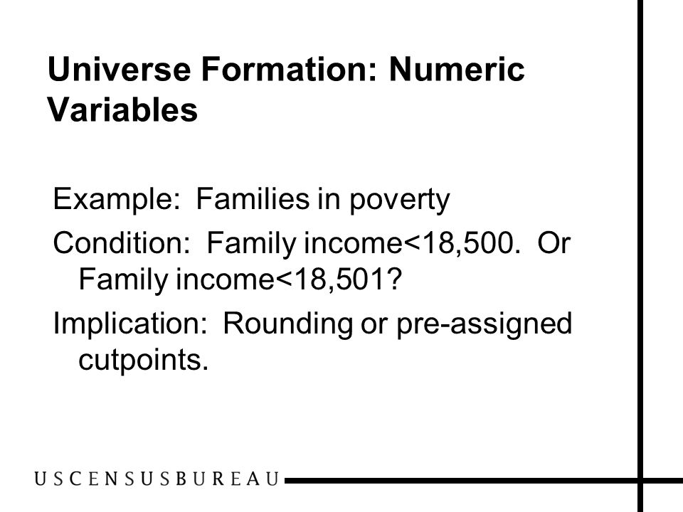 Universe Formation: Numeric Variables Example: Families in poverty Condition: Family income<18,500.