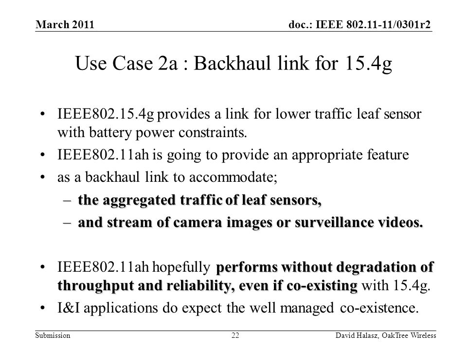 doc.: IEEE /0301r2 Submission March 2011 David Halasz, OakTree Wireless22 Use Case 2a : Backhaul link for 15.4g IEEE g provides a link for lower traffic leaf sensor with battery power constraints.