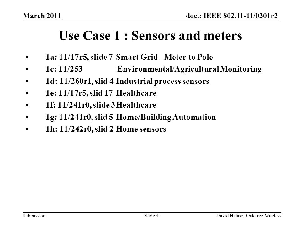 doc.: IEEE /0301r2 Submission Use Case 1 : Sensors and meters 1a: 11/17r5, slide 7Smart Grid - Meter to Pole 1c: 11/253 Environmental/Agricultural Monitoring 1d: 11/260r1, slid 4Industrial process sensors 1e: 11/17r5, slid 17Healthcare 1f: 11/241r0, slide 3Healthcare 1g: 11/241r0, slid 5Home/Building Automation 1h: 11/242r0, slid 2Home sensors March 2011 David Halasz, OakTree WirelessSlide 4