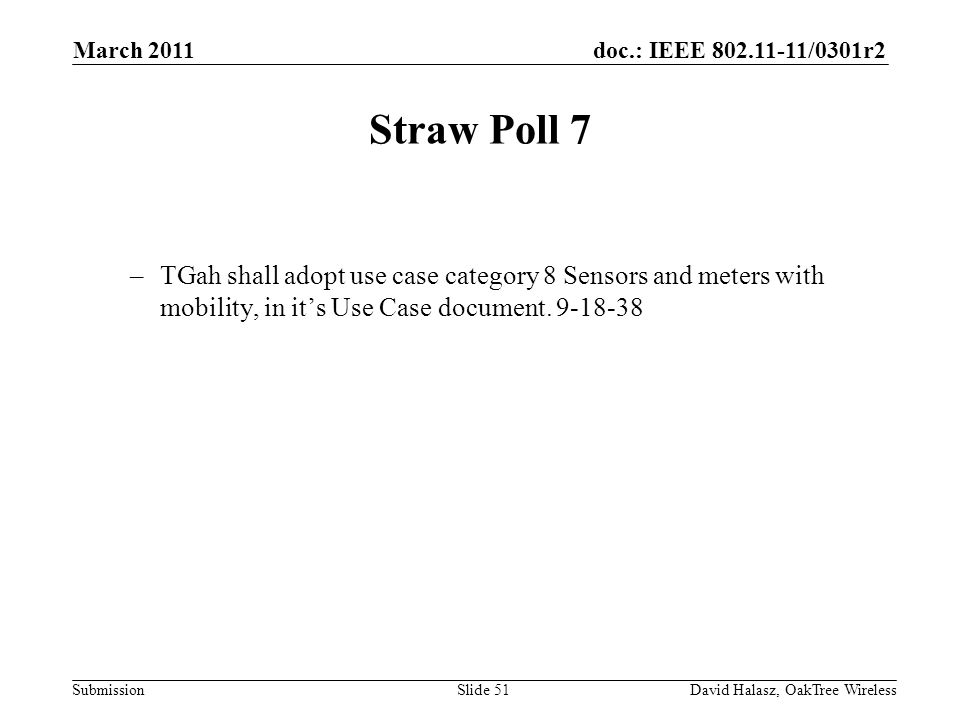 doc.: IEEE /0301r2 Submission Straw Poll 7 –TGah shall adopt use case category 8 Sensors and meters with mobility, in its Use Case document.