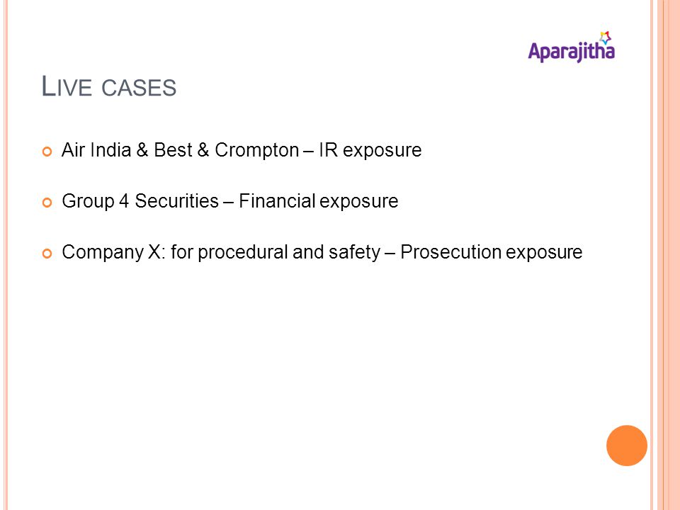 L IVE CASES Air India & Best & Crompton – IR exposure Group 4 Securities – Financial exposure Company X: for procedural and safety – Prosecution exposure