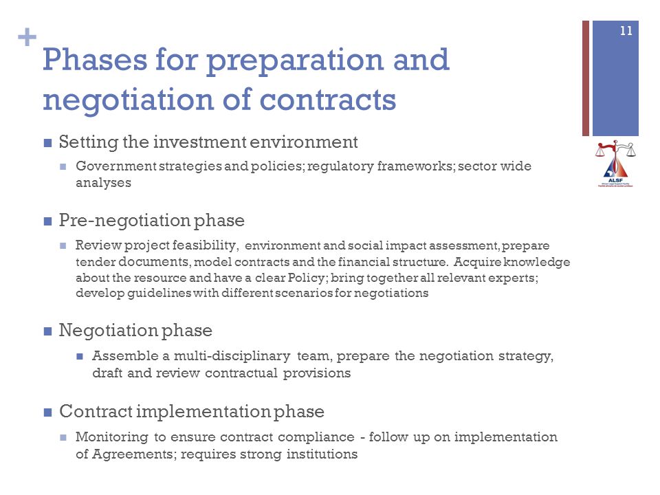 + Phases for preparation and negotiation of contracts Setting the investment environment Government strategies and policies; regulatory frameworks; sector wide analyses Pre-negotiation phase Review project feasibility, environment and social impact assessment, prepare tender documents, model contracts and the financial structure.