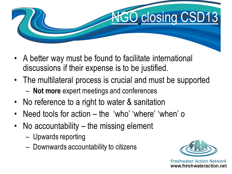 NGO closing CSD13 A better way must be found to facilitate international discussions if their expense is to be justified.