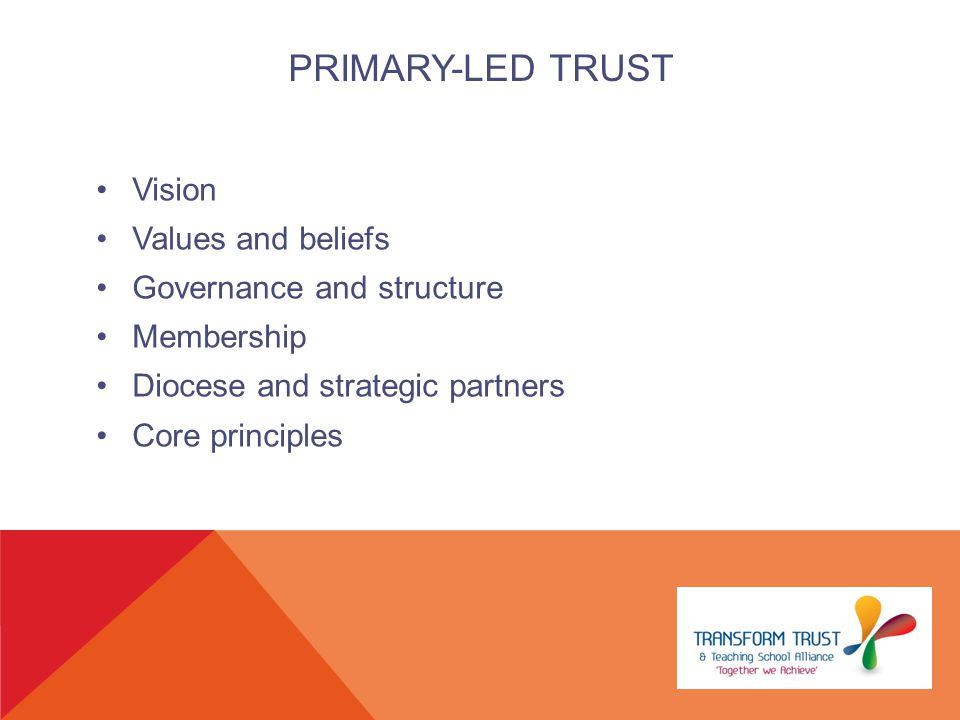PRIMARY-LED TRUST Vision Values and beliefs Governance and structure Membership Diocese and strategic partners Core principles