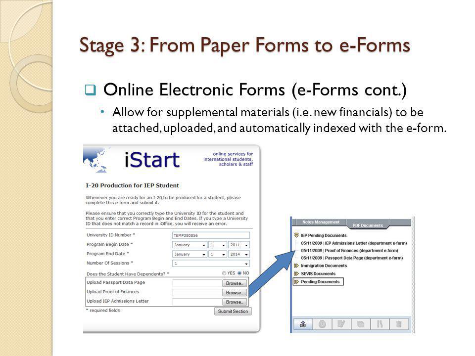 Stage 3: From Paper Forms to e-Forms Online Electronic Forms (e-Forms cont.) Allow for supplemental materials (i.e.